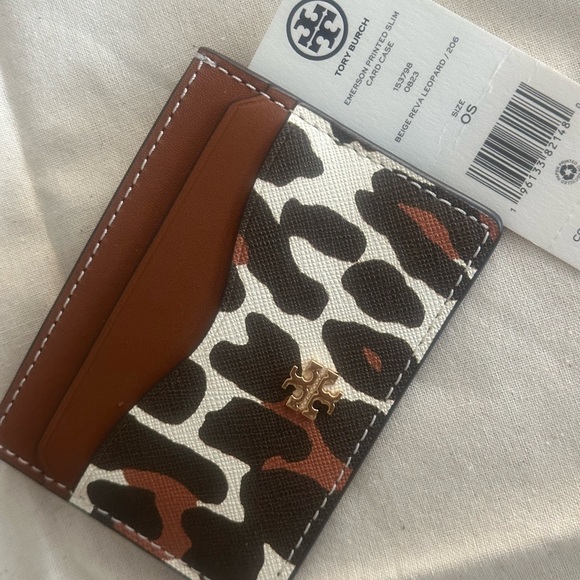 New Tory burch EMERSON PRINTED SLIM CARD CASE BEIGE REVA LEOPARD - Picture 4 of 4